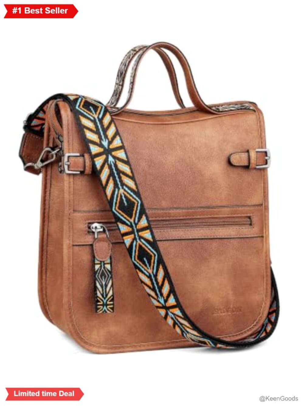 Faux Leather Crossbody Satchel Bag with Wide Jacquard Strap